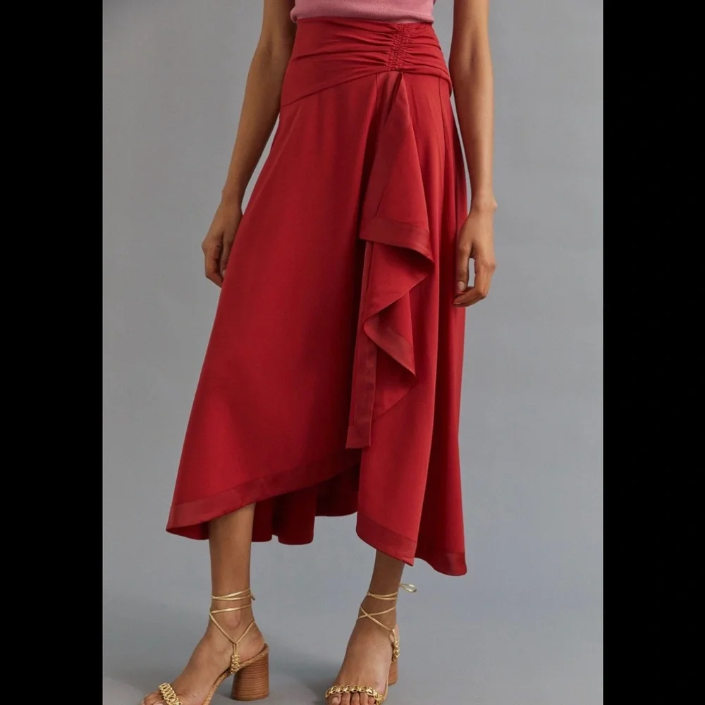 Anthropologie Mare Mare satin ruffle wrap midi skirt in red NWT - Picture 3 of 17